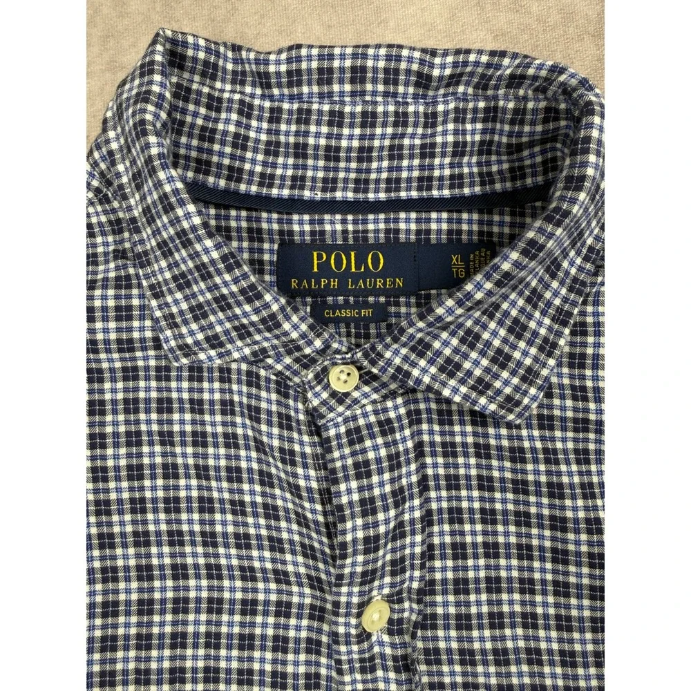 Polo Ralph Lauren Mens XL Classic Fit Plaid Button Shirt Navy Blue White Classic